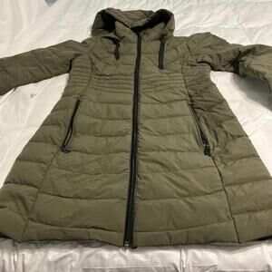 Donna Karan DKNY Quilted Down Hooded Full Zip Puffer Coat Sz S In Army Green